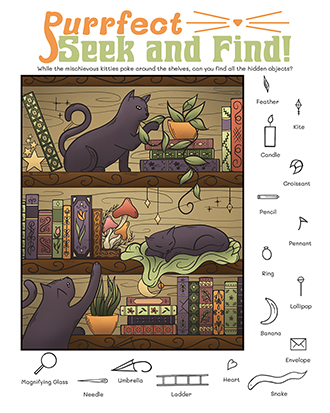 Illustrations of three cats on a whimsical bookshelf with object hidden throughout the illustration.
